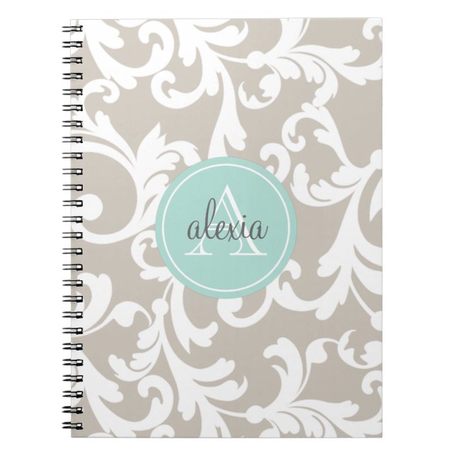 Linen and Mint Monogrammed Damask Print Spiral Notebook (Front)