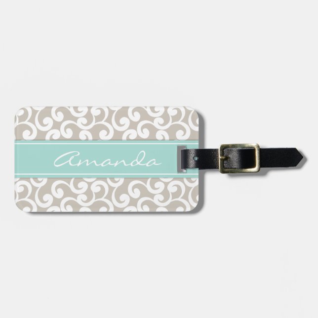 Linen and Mint Monogrammed Elements Print Luggage Tag (Front Horizontal)