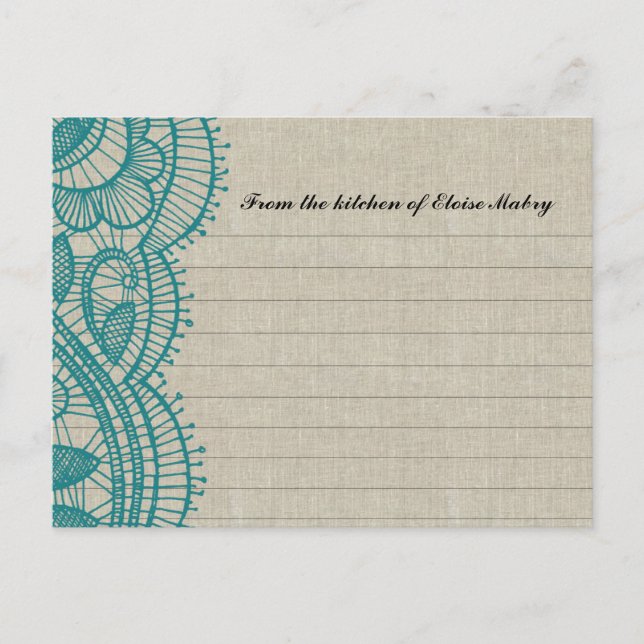 Linen and Teal Lace Personalised Recipe Cards (Front)