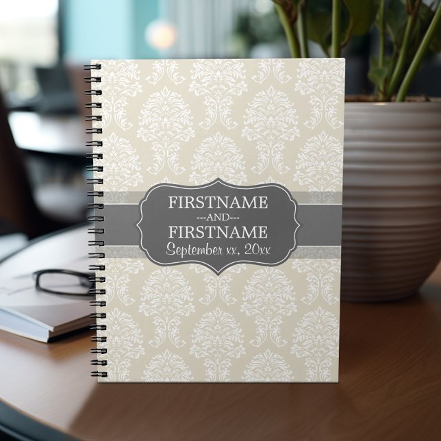 Linen Beige and Charcoal Damask Pattern Spiral Notebook (Personalized notebook with custom text - add your name and other options)