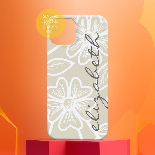 Linen Beige and Charcoal Floral Illustration Name Case-Mate iPhone Case (Personalized Phone Case - Many Device Styles to Choose From)