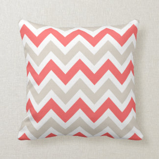 Linen Beige and Coral Chevron Cushion