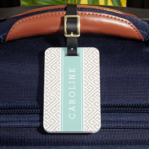 Linen Beige and Mint Greek Key Custom Monogram Luggage Tag