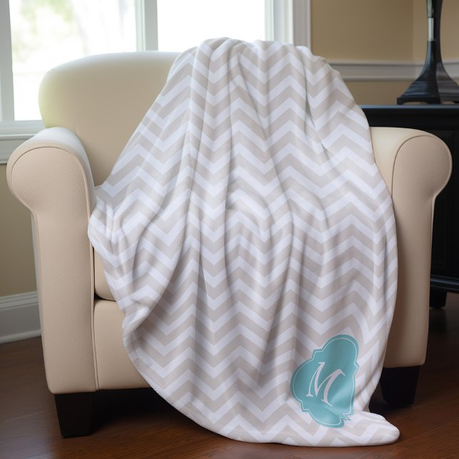Linen Beige and Mint Zigzag Pattern Monogram Fleece Blanket (Creator Uploaded)