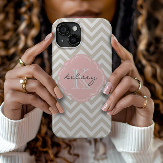 Linen Beige and Pink Chevron Custom Monogram iPhone 15 Case