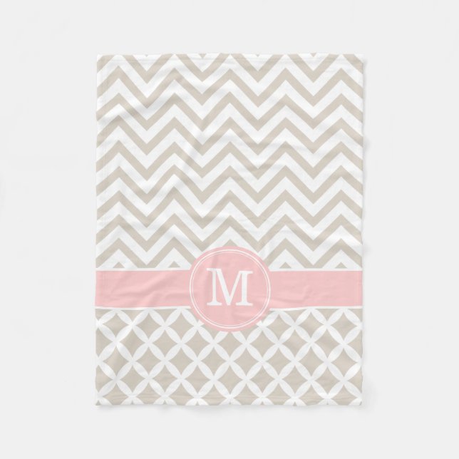Linen Beige and Pink Chevron Custom Monogram Fleece Blanket (Front)
