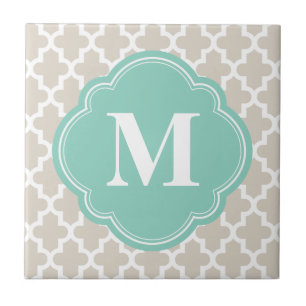 Linen Beige & Aqua Modern Moroccan Custom Monogram Tile