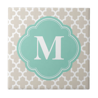 Linen Beige & Aqua Modern Moroccan Custom Monogram Tile