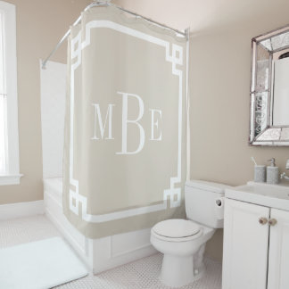 Linen Beige Greek Key Border Monogram Shower Curtain