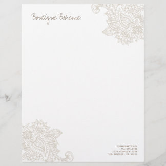 Linen Beige Illustrated Bohemian Paisley Henna Letterhead Design