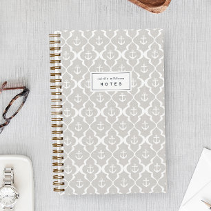 Linen Beige Nautical Anchor Ogee Personalised Notebook