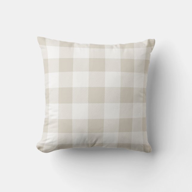 Linen Beige Preppy Buffalo Check Plaid Outdoor Cushion (Front)