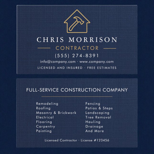 Linen Building Construction Navy Blue   Business Card (Creator Uploaded)