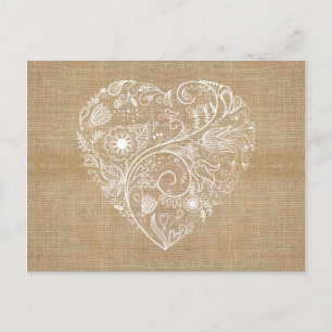 Linen burlap flower heart postcard