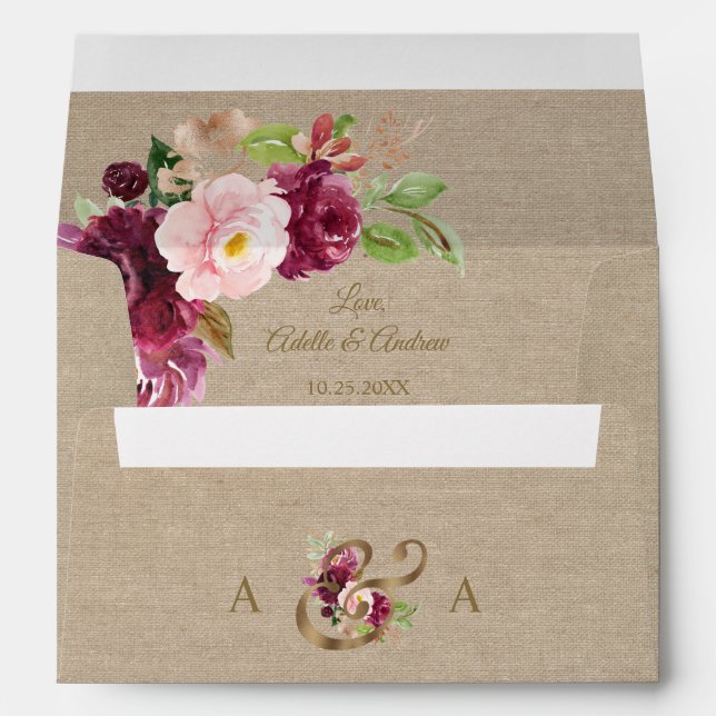 Linen Canvas Saffron Flowers Monogram Wedding Envelope (Back (Bottom))