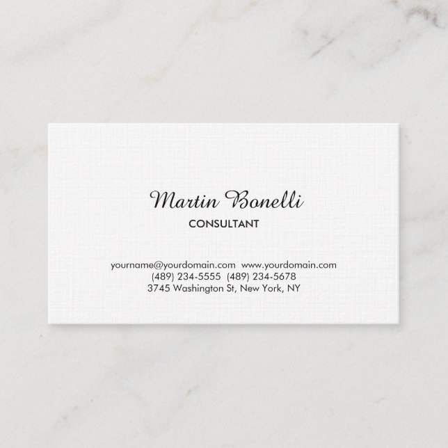 Linen Classical Simple Minimalist White Business Card (Front)