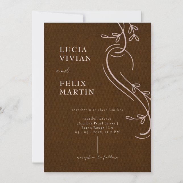 Linen Espresso Brown All in One Wedding Invitation (Front)