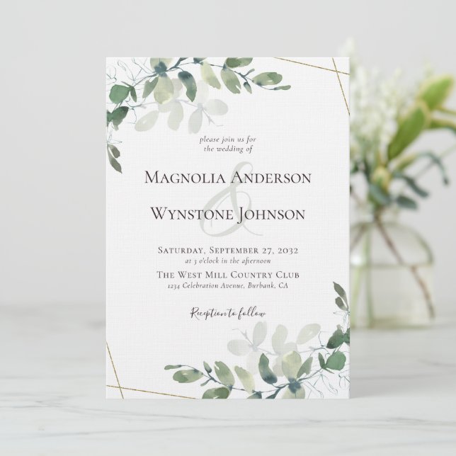 Linen Eucalyptus Greenery Gold Luxury Wedding Invitation (Standing Front)
