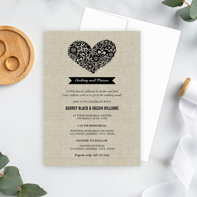 Linen Floral Heart Monogram Rehearsal Dinner Invitation (Creator Uploaded)