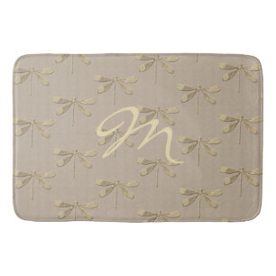Linen Gold Dragonfly Monogram Pattern Bath Mat