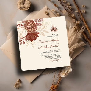 Linen gold glitter watercolor floral Islamic Wedd Invitation
