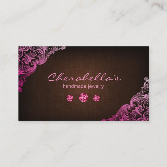 Linen Jewellery Business Card Chocolate Brown Pink (Front)
