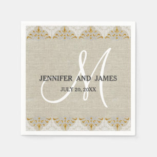 Linen Lace Gold Rustic Wedding Paper Napkins