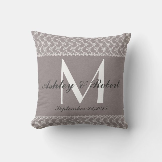 Linen Lace Grey White Monogram Wedding Keepsake Cushion (Front)
