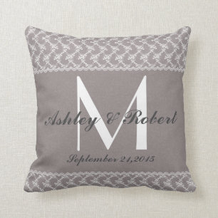 Linen Lace Grey White Monogram Wedding Keepsake Cushion