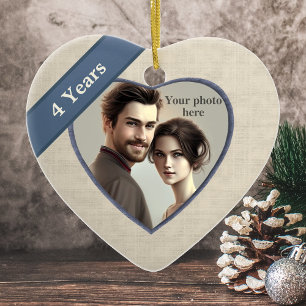 Linen Look 4th Anniversary (Blue): Add a Photo Ceramic Tree Decoration