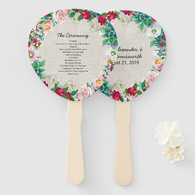 Linen Look Floral Wreath Wedding Program Fan (Front and Back)