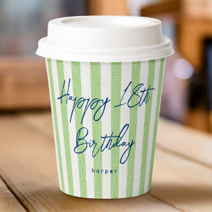 Linen Look Striped Celebration Birthday 18th Green Paper Cups