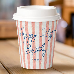 Linen Look Striped Celebration Birthday 21st Coral Paper Cups
