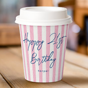 Linen Look Striped Celebration Birthday 21st Pink Paper Cups