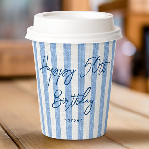 Linen Look Striped Celebration Birthday 50th Blue Paper Cups
