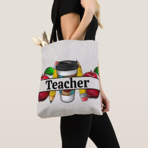 Linen Look with Apples and Pencils Teachers Tote Bag