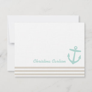 Linen & Mint Nautical Stripes & Anchor Stationery Note Card
