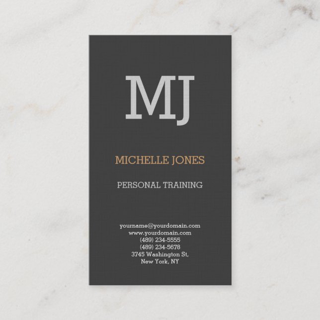Linen Modern Plain Monogram Grey Personal Trainer Business Card (Front)