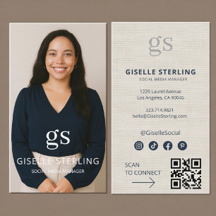 Linen Monogram Photo Social Media QR Code Business Card