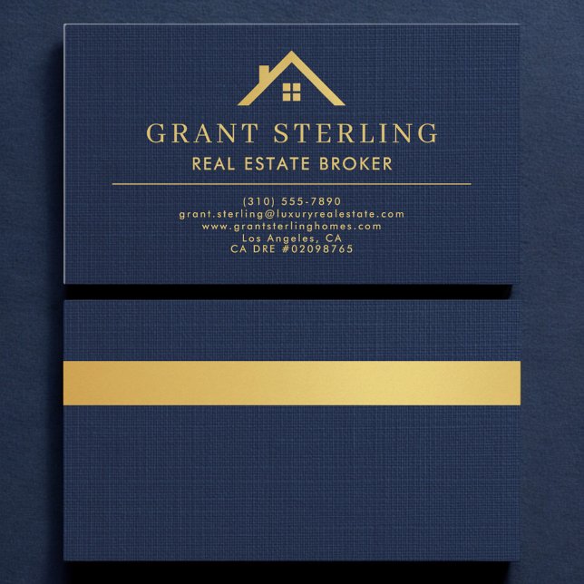 Linen Navy Blue Gold House Real Estate Broker  Business Card (Creator Uploaded)