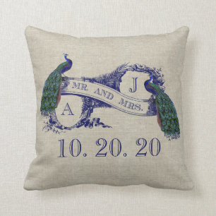 Linen Peacock Rustic Wedding Sweetheart Pillow