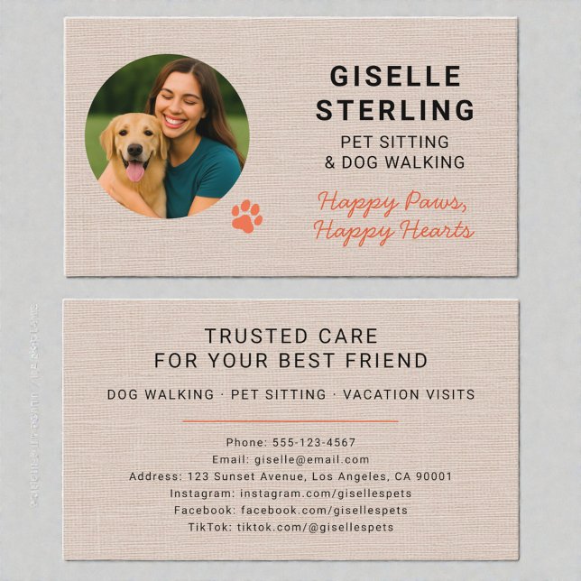 Linen Pet Sitting Photo Paw Print Minimalist Business Card (Creator Uploaded)