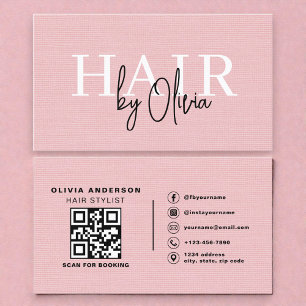 Linen QR Code Hair Stylist Pink Typography  Business Card