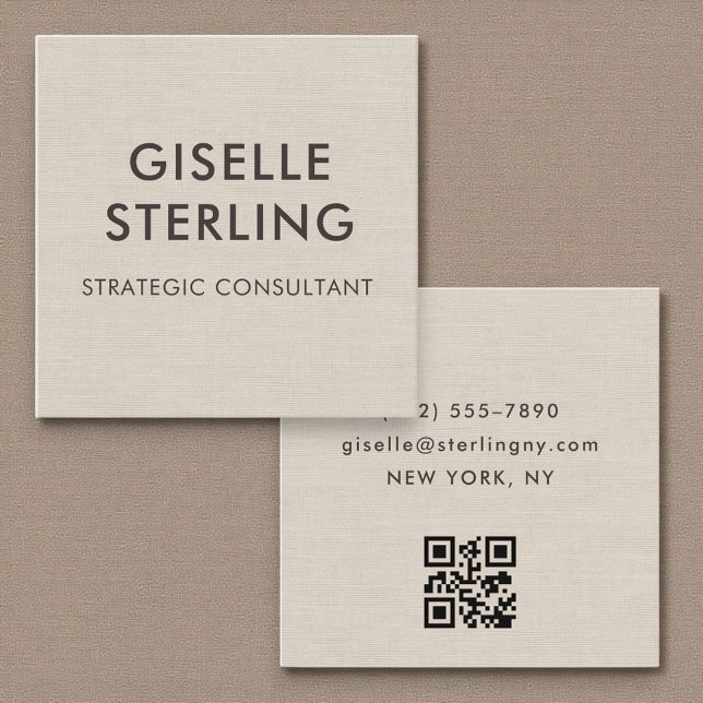 Linen QR Code Modern Minimal Typography  Square Business Card (Creator Uploaded)