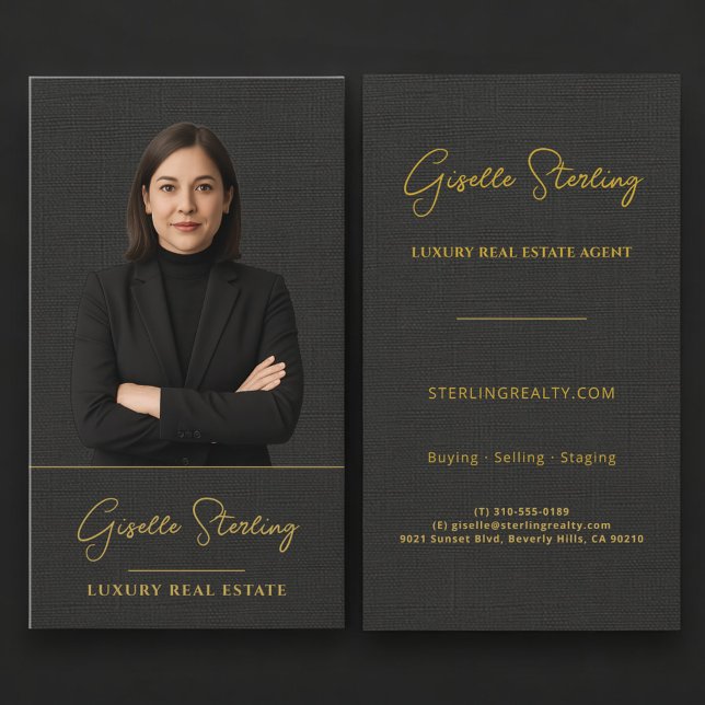Linen Real Estate Black Gold Professional Business Card (Creator Uploaded)
