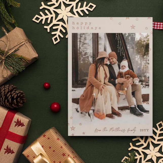 Linen Rose Gold Foil Stars Happy Holidays Photo (Creator Uploaded)