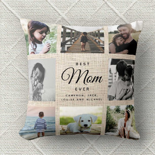 Linen Rustic Mother's Day Mum Family Photo Collage Cushion