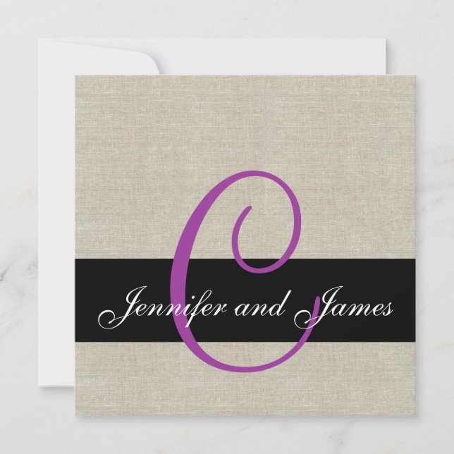 Linen Rustic Wedding Invitation Monogram Purple (Front)