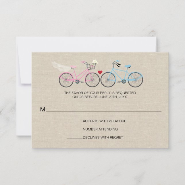 Linen Style Bicycle Pink Wedding Reply RSVP Card (Front)