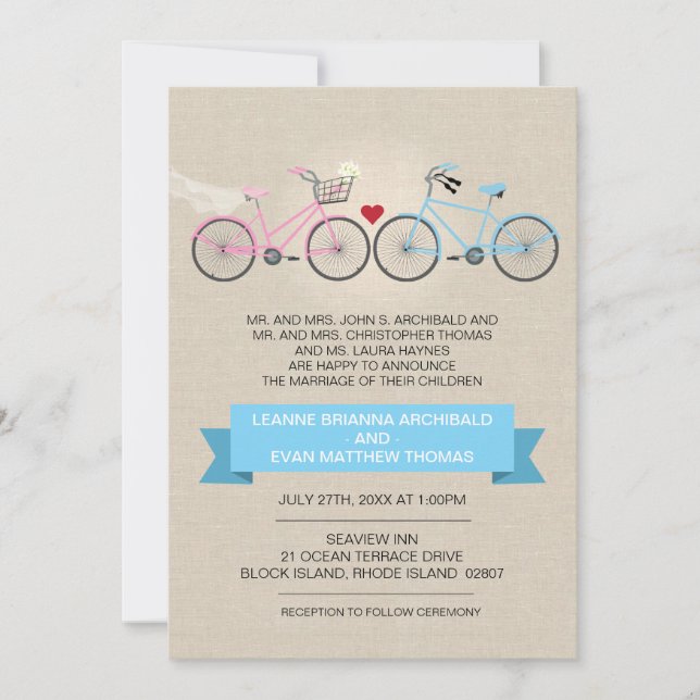 Linen Style Bicycle Wedding Invitation (Front)